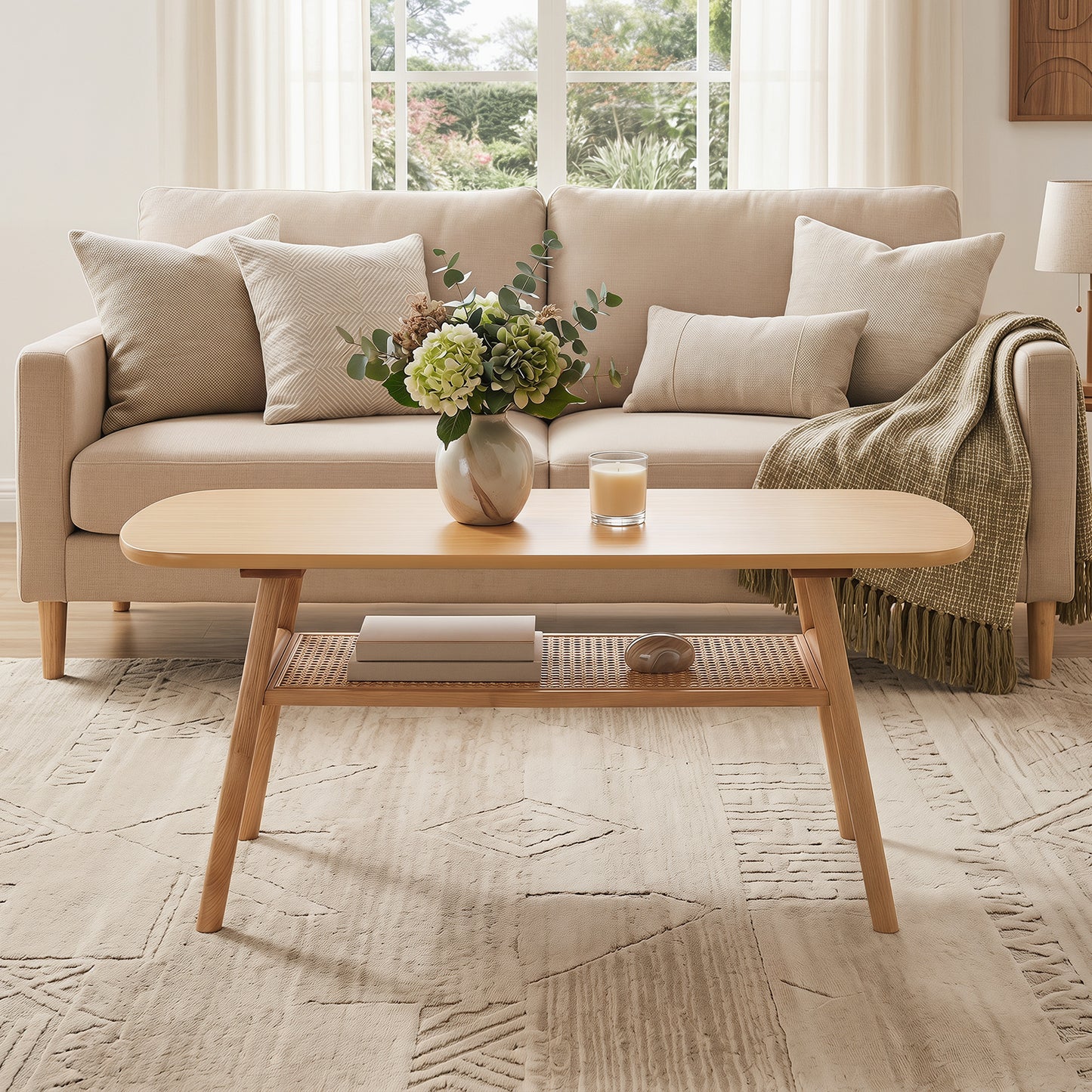 Costway Salontafel met Rotan Plank Rechthoekige Salontafel met Twee Niveaus en Poten van Rubberhout Naturel
