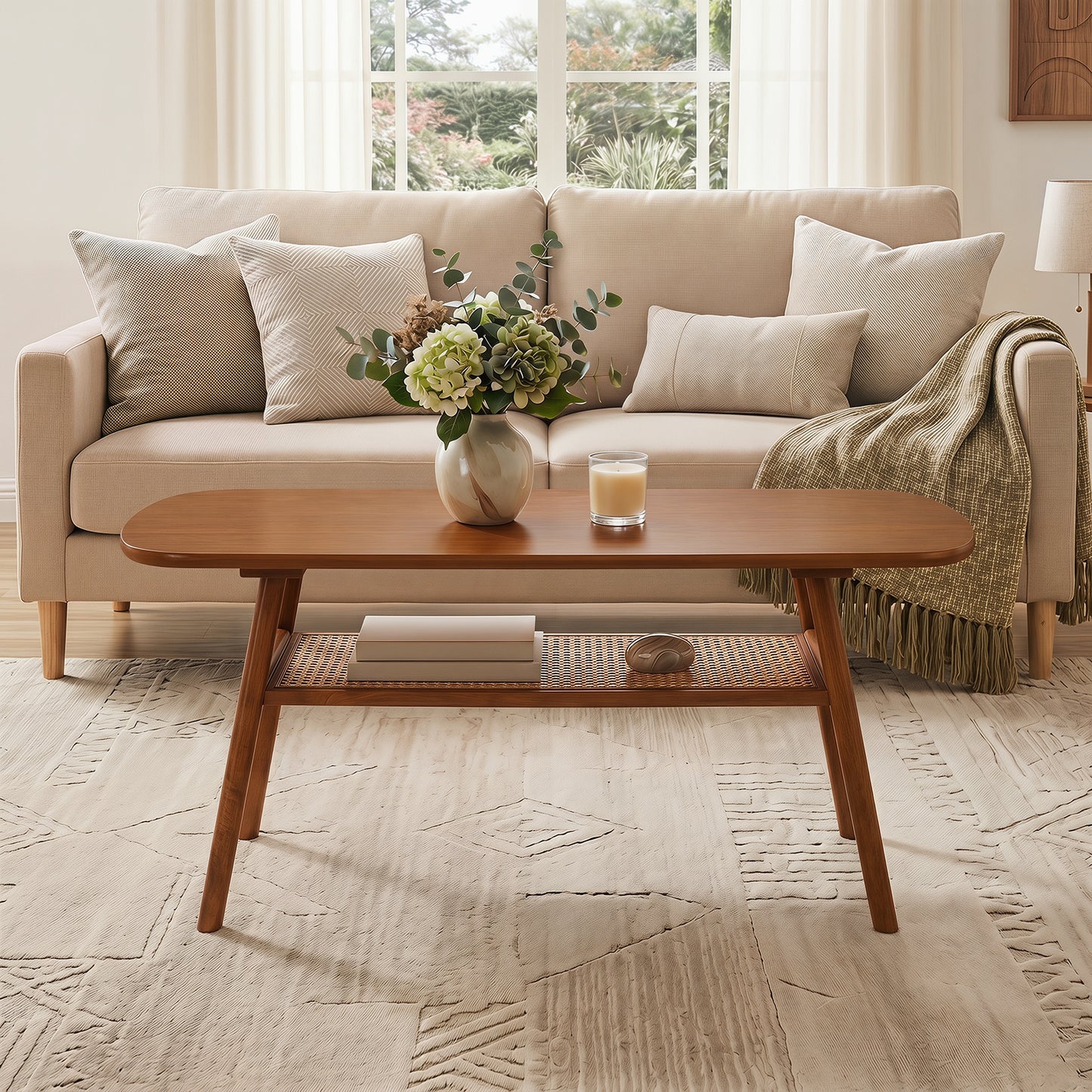 Costway Salontafel met Rotan Plank Rechthoekige Salontafel met Twee Niveaus en Poten van Rubberhout Walnoot