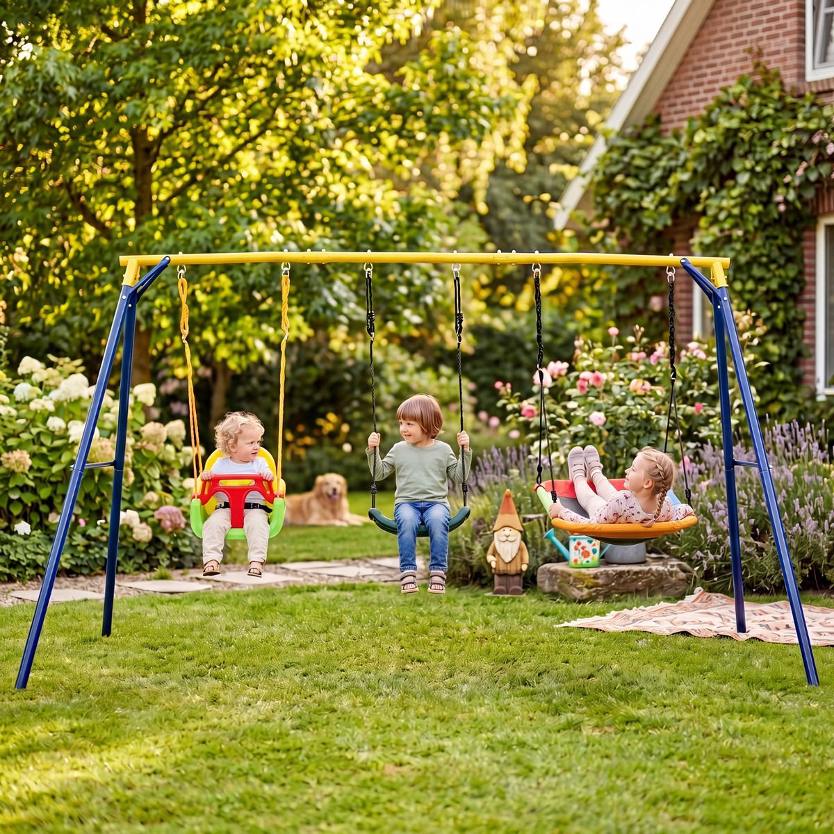 Costway Schommelframe Outdoor 3 in 1 Schommelset met Babyschommel U-schommel & Nestschommel