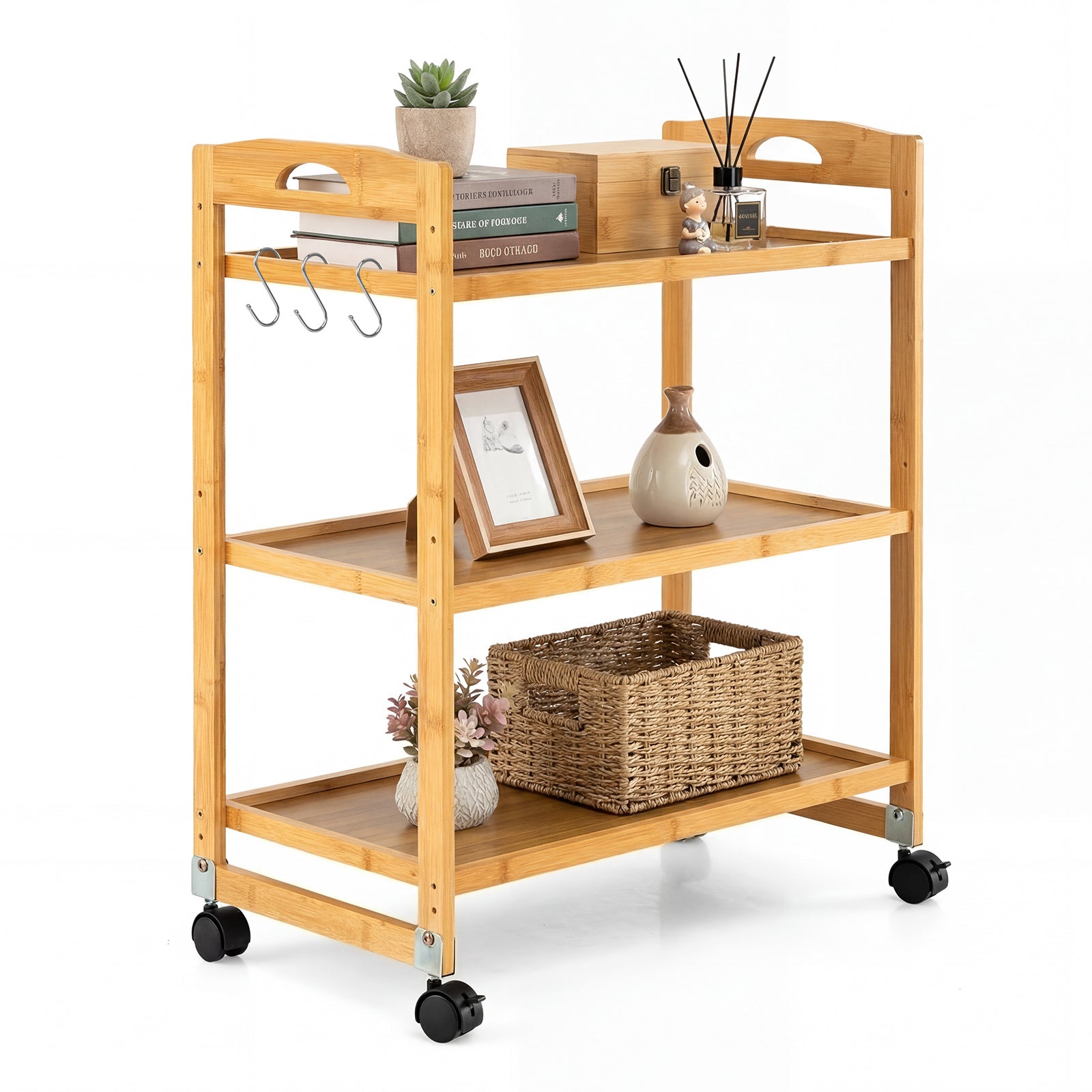 Costway Serveerwagen met 3 Niveaus Bamboe Keukenwagen met Universele Wieltjes Handgreep en Haak Naturel 60 x 33 x 72 cm