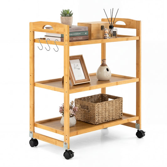 Costway Serveerwagen met 3 Niveaus Bamboe Keukenwagen met Universele Wieltjes Handgreep en Haak Naturel 60 x 33 x 72 cm