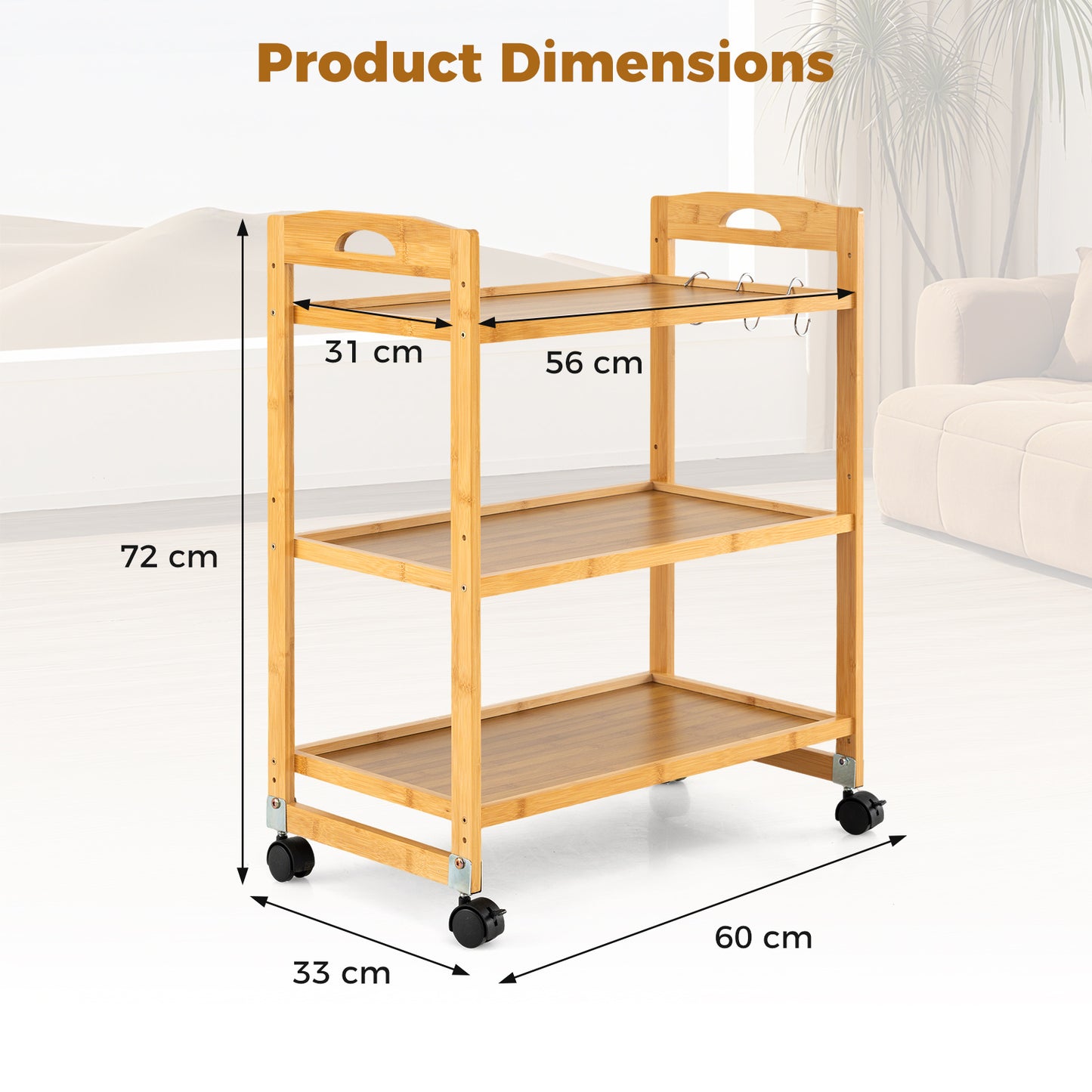 Costway Serveerwagen met 3 Niveaus Bamboe Keukenwagen met Universele Wieltjes Handgreep en Haak Naturel 60 x 33 x 72 cm