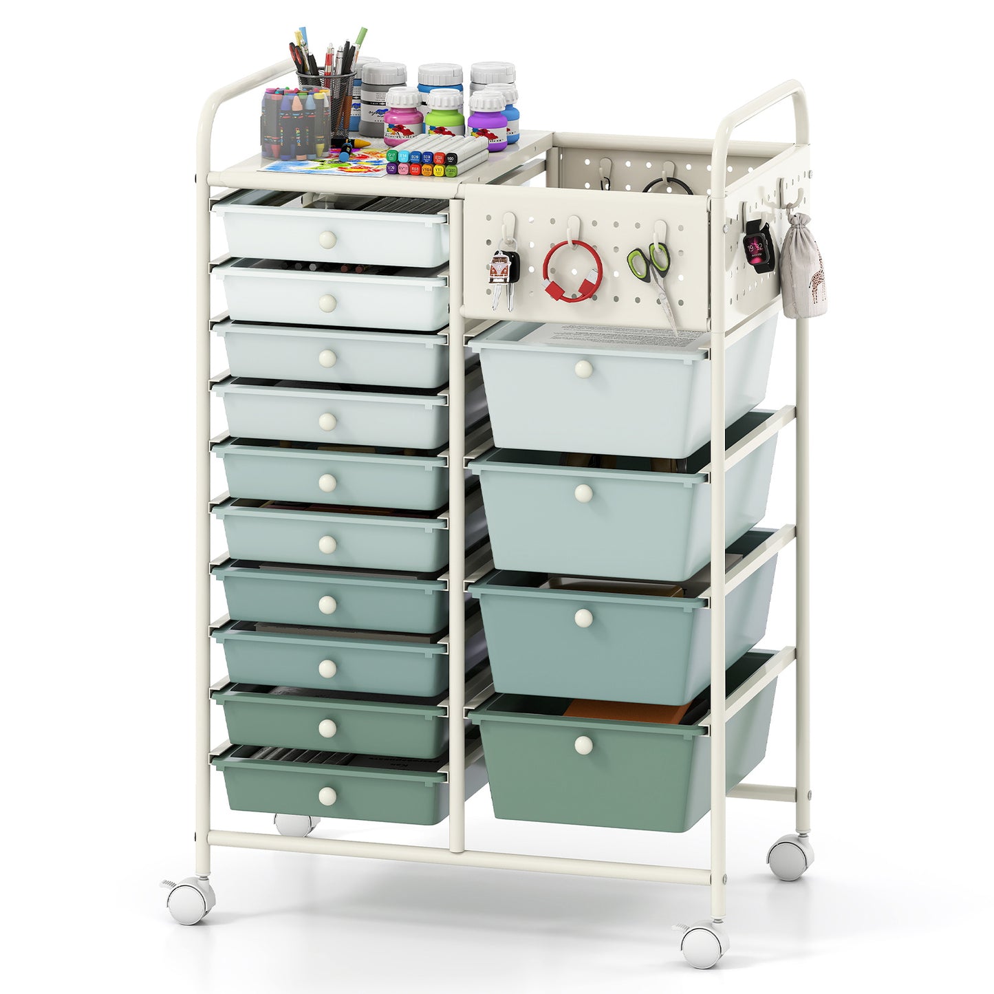 Costway Servierwagen op Wieltjes met 14 Lades Rolcontainer met Dienblad Geperforeerde Plaat en Metalen Frame 63 x 37 x 87 cm Groen
