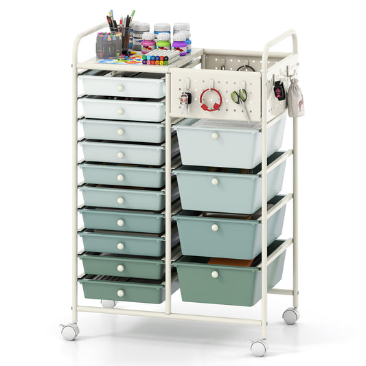 Costway Servierwagen op Wieltjes met 14 Lades Rolcontainer met Dienblad Geperforeerde Plaat en Metalen Frame 63 x 37 x 87 cm Groen