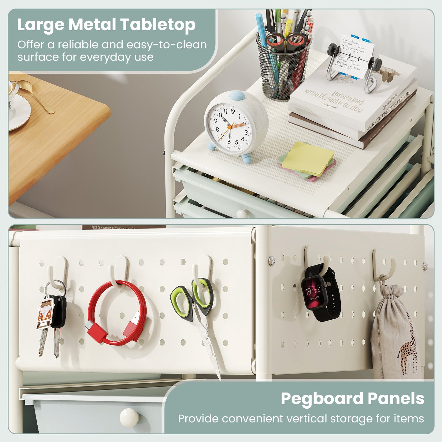 Costway Servierwagen op Wieltjes met 14 Lades Rolcontainer met Dienblad Geperforeerde Plaat en Metalen Frame 63 x 37 x 87 cm Groen