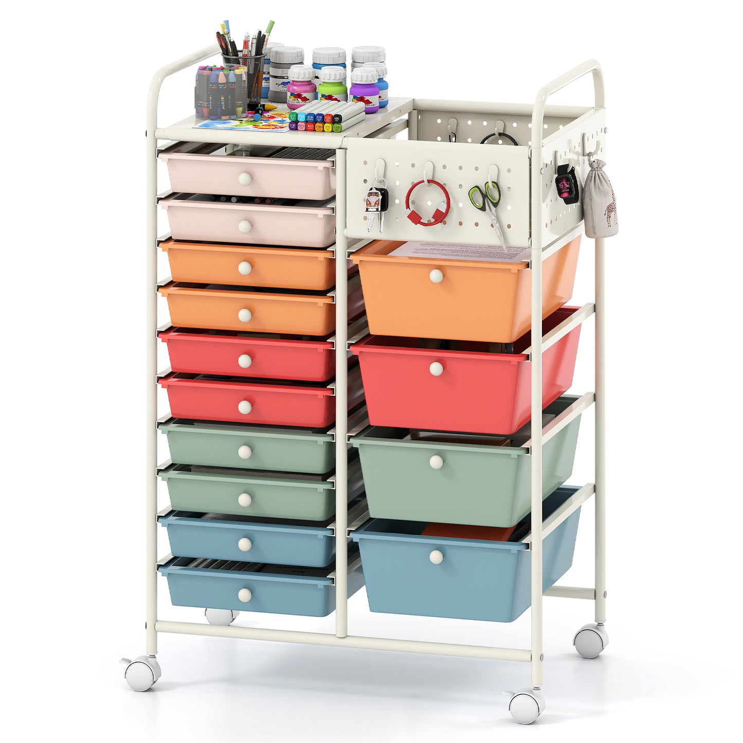 Costway Servierwagen op Wieltjes met 14 Lades Rolcontainer met Dienblad Geperforeerde Plaat en Metalen Frame 63 x 37 x 87 cm Multicolor