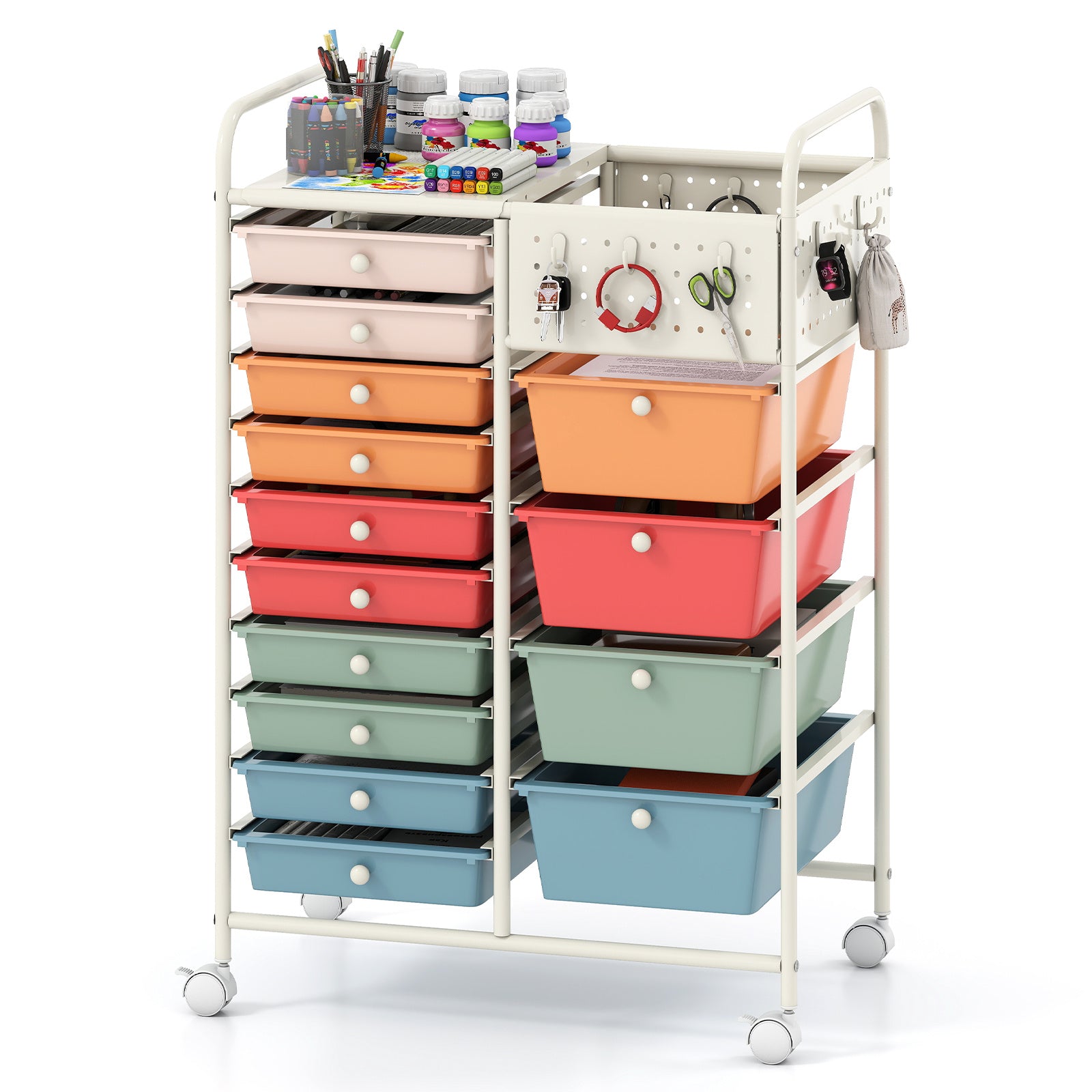 Costway Servierwagen op Wieltjes met 14 Lades Rolcontainer met Dienblad Geperforeerde Plaat en Metalen Frame 63 x 37 x 87 cm Multicolor