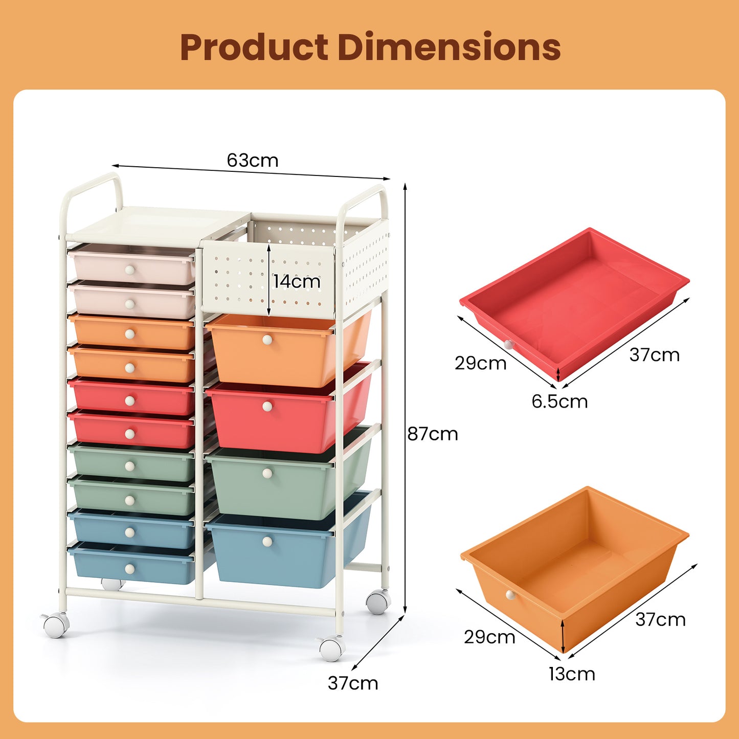 Costway Servierwagen op Wieltjes met 14 Lades Rolcontainer met Dienblad Geperforeerde Plaat en Metalen Frame 63 x 37 x 87 cm Multicolor