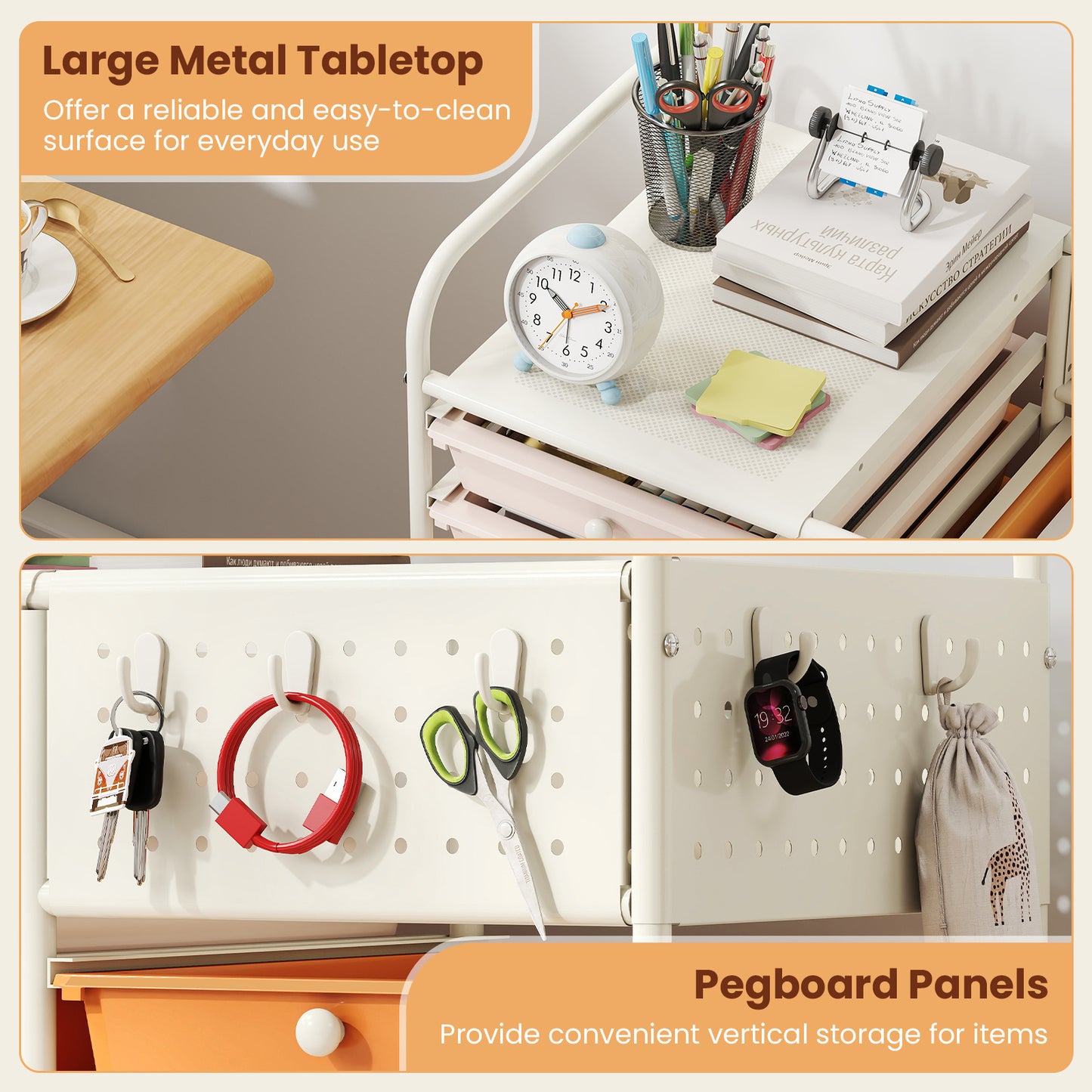 Costway Servierwagen op Wieltjes met 14 Lades Rolcontainer met Dienblad Geperforeerde Plaat en Metalen Frame 63 x 37 x 87 cm Multicolor