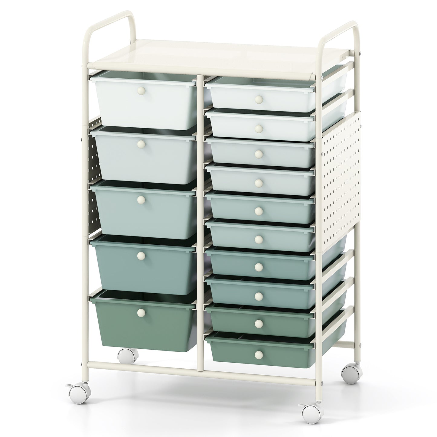 Costway Servierwagen op Wieltjes met 15 Lades Rolcontainer met Dienblad Geperforeerde Plaat en Metalen Frame 63 x 37 x 87 cm Groen