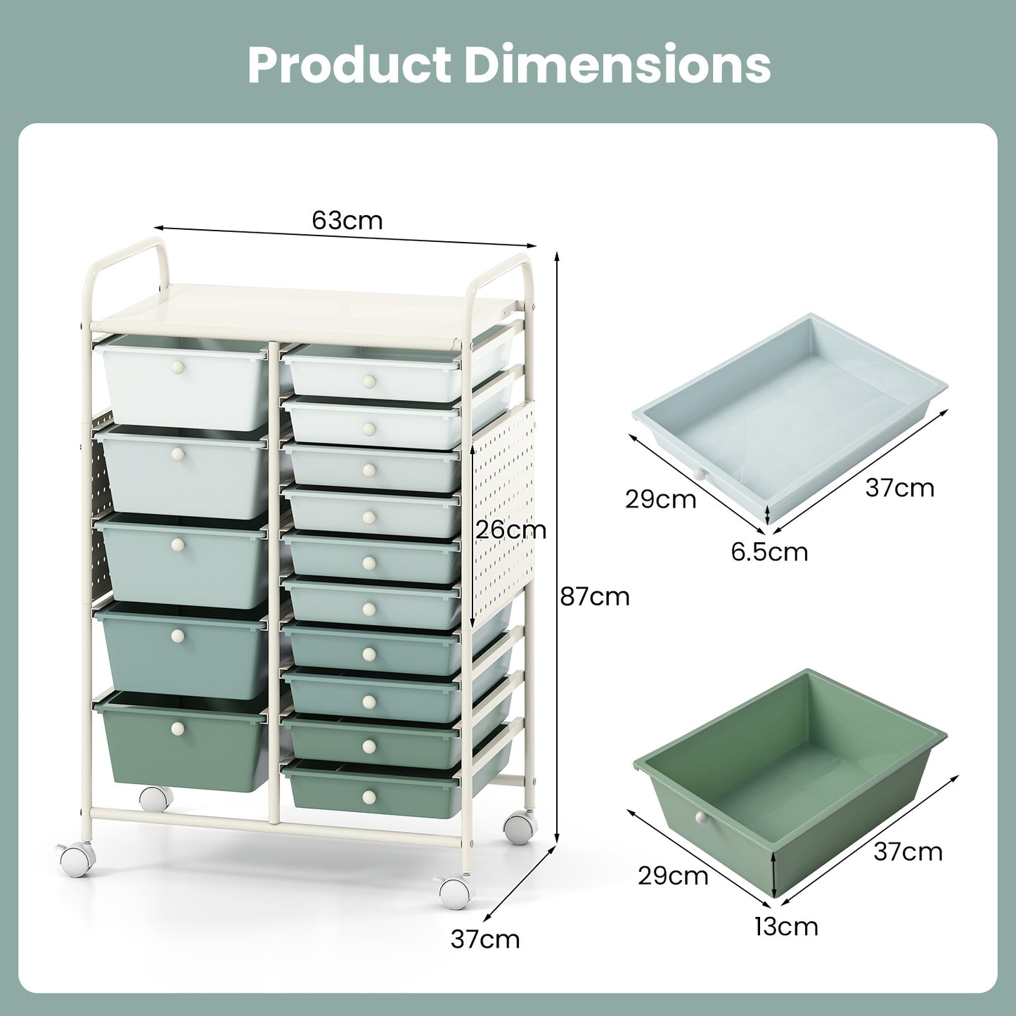 Costway Servierwagen op Wieltjes met 15 Lades Rolcontainer met Dienblad Geperforeerde Plaat en Metalen Frame 63 x 37 x 87 cm Groen