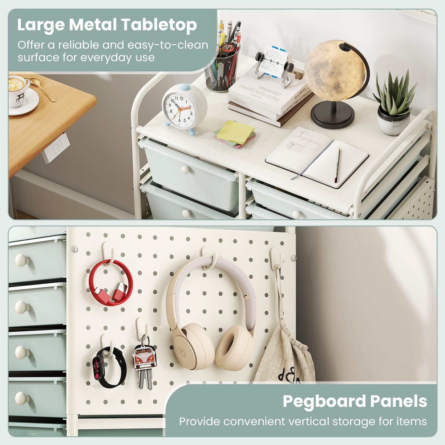 Costway Servierwagen op Wieltjes met 15 Lades Rolcontainer met Dienblad Geperforeerde Plaat en Metalen Frame 63 x 37 x 87 cm Groen