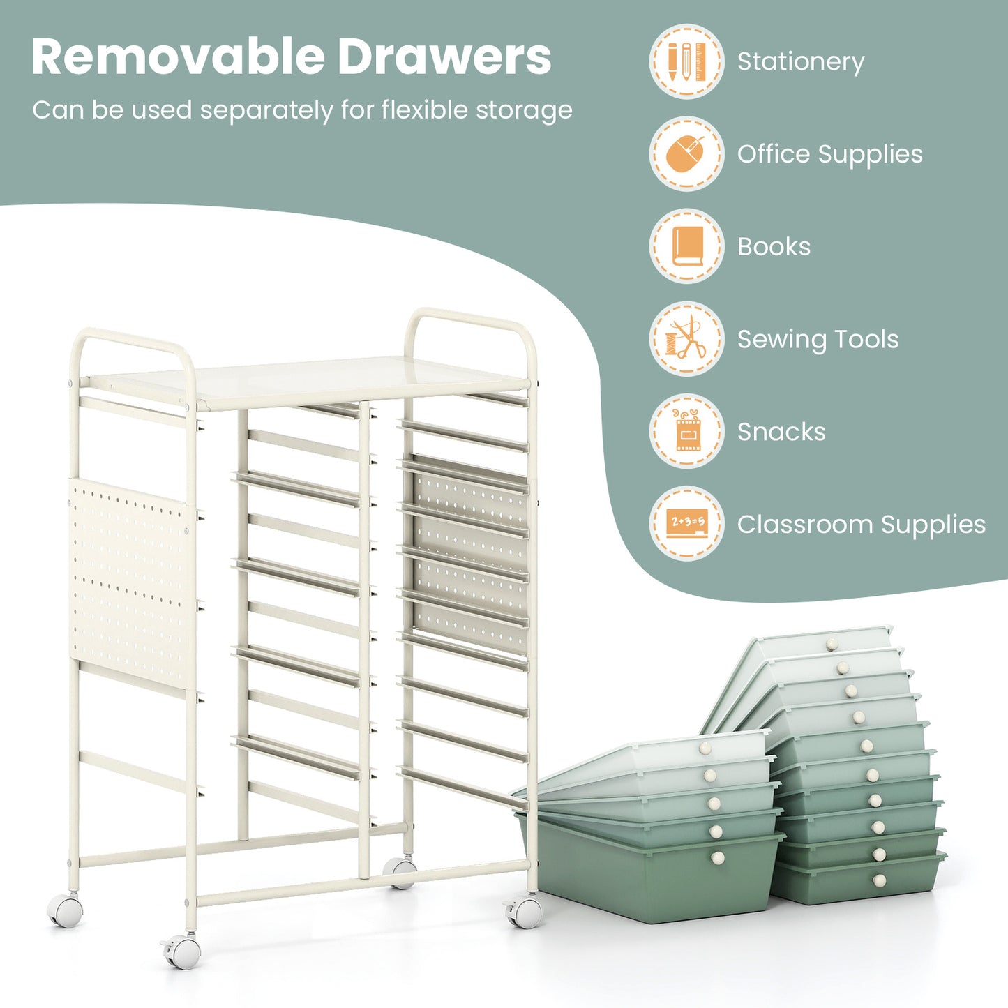 Costway Servierwagen op Wieltjes met 15 Lades Rolcontainer met Dienblad Geperforeerde Plaat en Metalen Frame 63 x 37 x 87 cm Groen