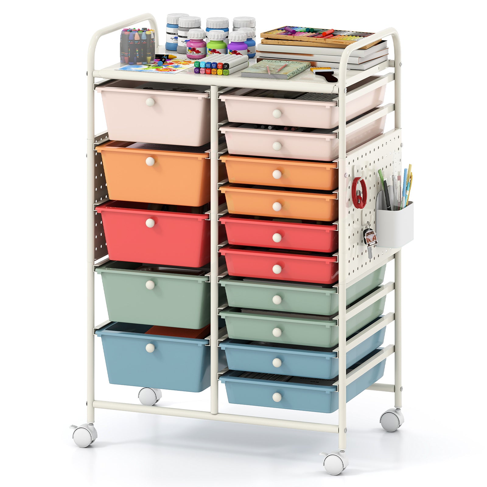 Costway Servierwagen op Wieltjes met 15 Lades Rolcontainer met Dienblad Geperforeerde Plaat en Metalen Frame 63 x 37 x 87 cm Multicolor
