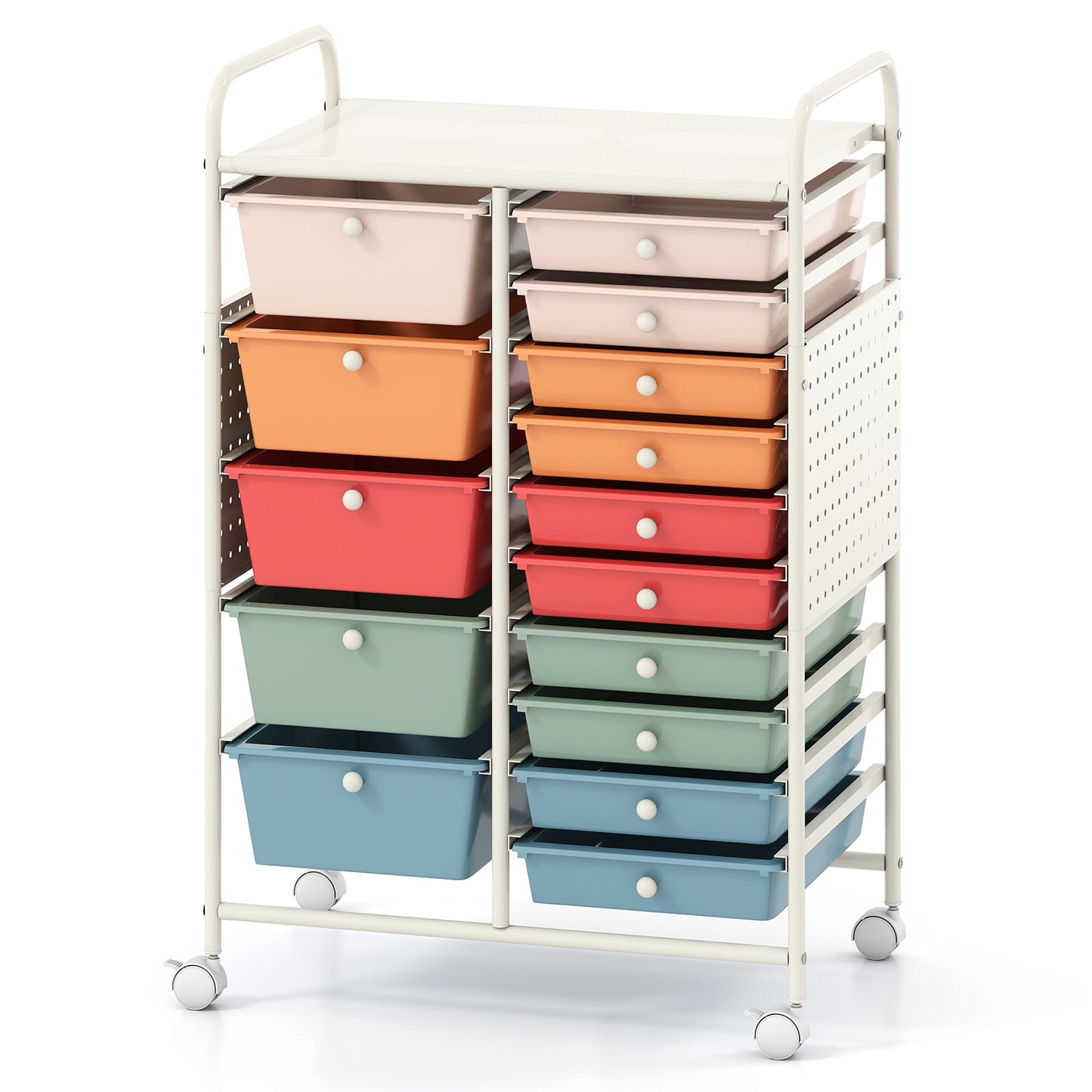 Costway Servierwagen op Wieltjes met 15 Lades Rolcontainer met Dienblad Geperforeerde Plaat en Metalen Frame 63 x 37 x 87 cm Multicolor
