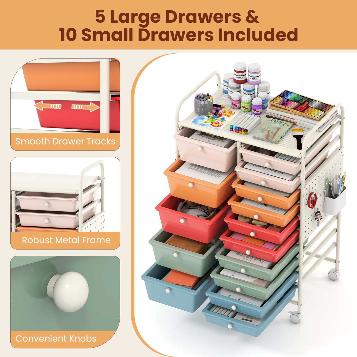 Costway Servierwagen op Wieltjes met 15 Lades Rolcontainer met Dienblad Geperforeerde Plaat en Metalen Frame 63 x 37 x 87 cm Multicolor