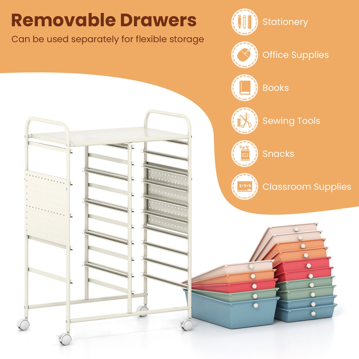 Costway Servierwagen op Wieltjes met 15 Lades Rolcontainer met Dienblad Geperforeerde Plaat en Metalen Frame 63 x 37 x 87 cm Multicolor