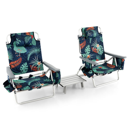 Costway Set van 1 Tafel en 2 Strandstoelen Ligstoelen voor Buiten met Oprolbare Campingtafel 5-Standen Klapstoelen en Aluminium Tafel -Donkerblauw
