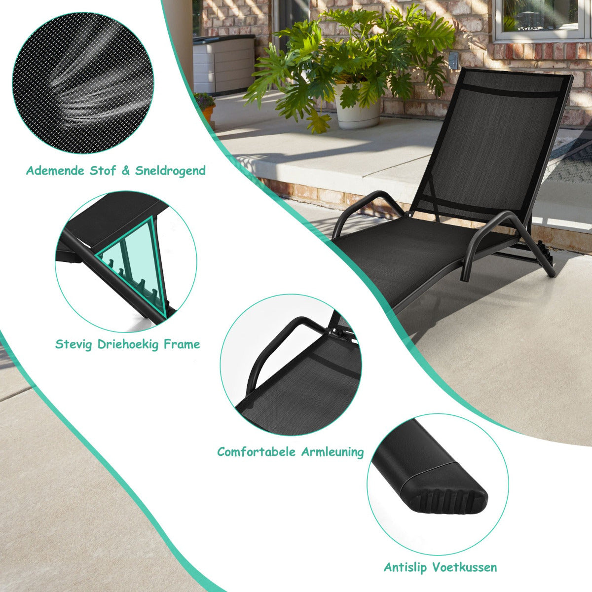 Costway Set van 2 5-Positie Verstelbare Patio Ligstoelen met Ademende Zitting voor Buiten Zwart