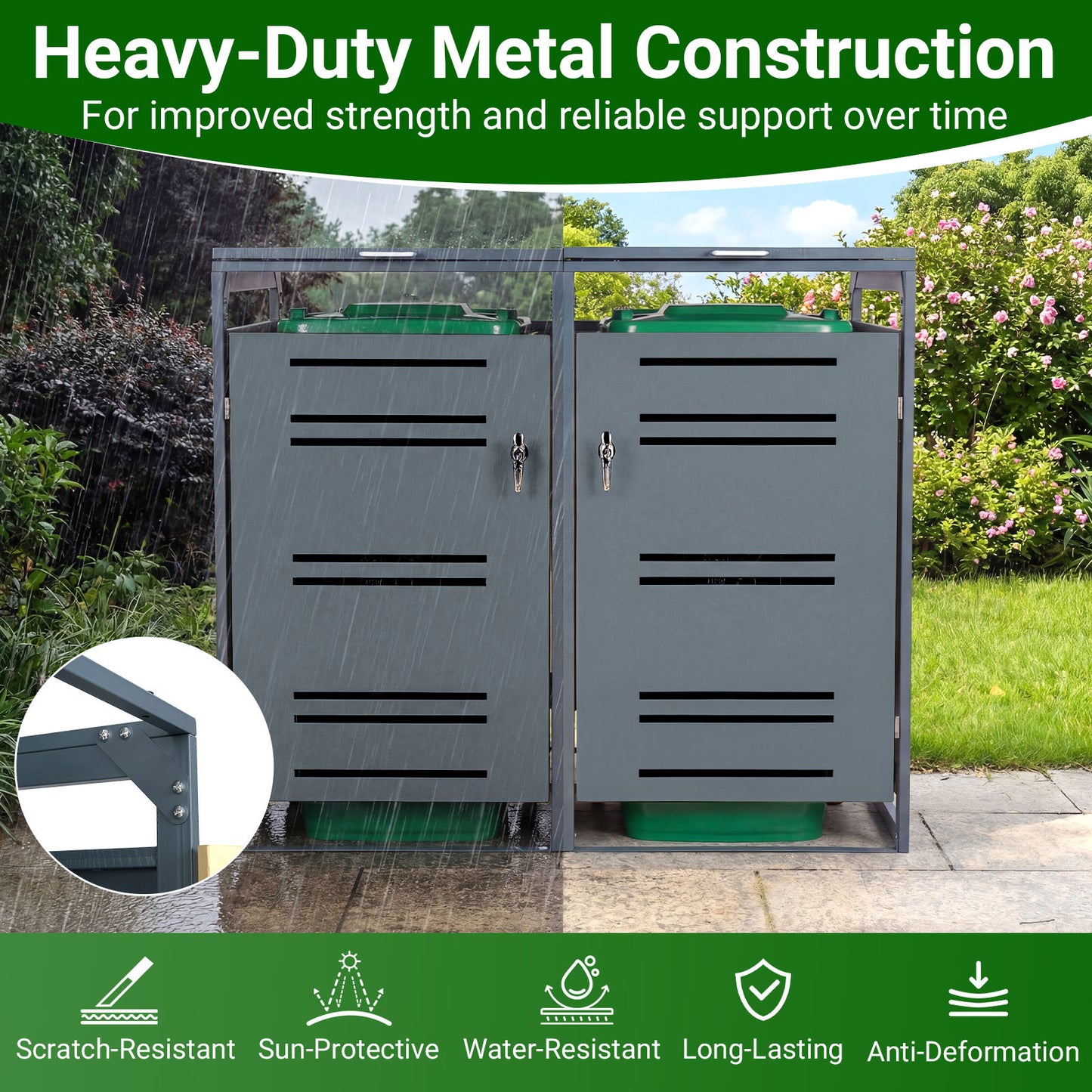 Costway (Set van 2) Afvalcontaineroverkapping voor 2 Afvalcontainers van 120 Liter Weerbestendig Tuinhuisje met Afsluitbare Deur 132 x 80 x 117 cm