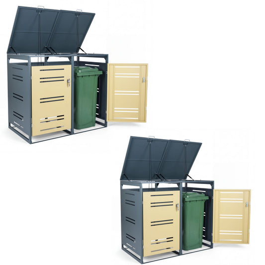 Costway (Set van 2) Afvalcontaineroverkapping voor 2 Afvalcontainers van 120 Liter Weerbestendig Tuinhuisje met Afsluitbare Deur Grijs & Geel 132 x 80 x 117 cm