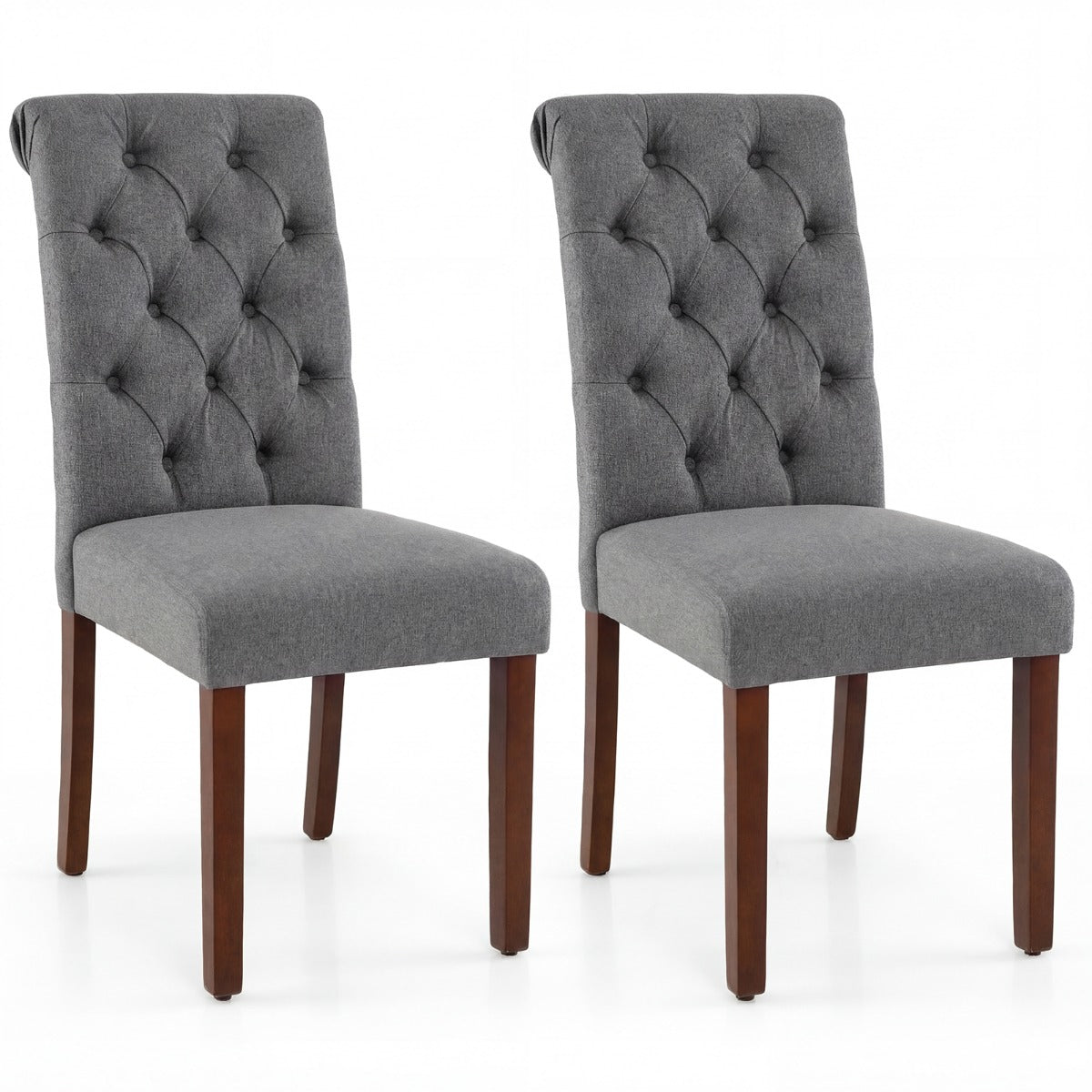 Costway Set van 2 Eetkamerstoelen Gestoffeerde Keukenstoelen met Hoge Rugleuning en Stevige Houten Poten Gewatteerde Accentstoelen-Grijs