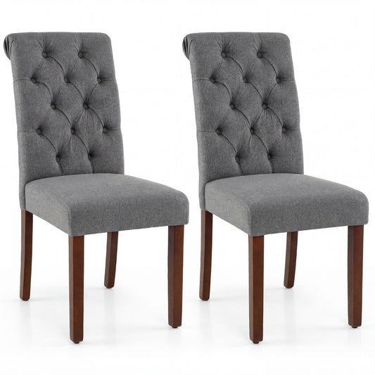 Costway Set van 2 Eetkamerstoelen Gestoffeerde Keukenstoelen met Hoge Rugleuning en Stevige Houten Poten Gewatteerde Accentstoelen-Grijs