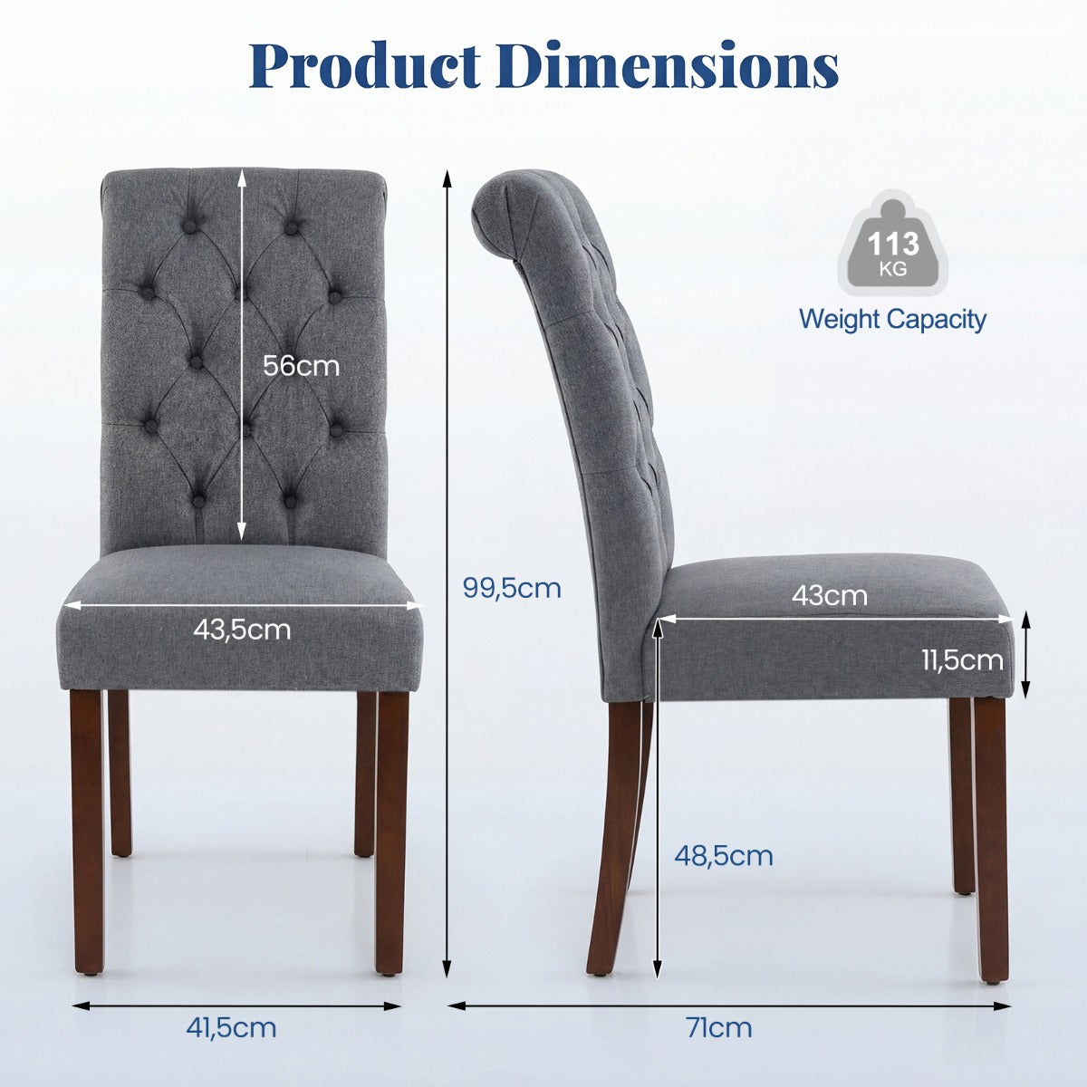 Costway Set van 2 Eetkamerstoelen Gestoffeerde Keukenstoelen met Hoge Rugleuning en Stevige Houten Poten Gewatteerde Accentstoelen-Grijs