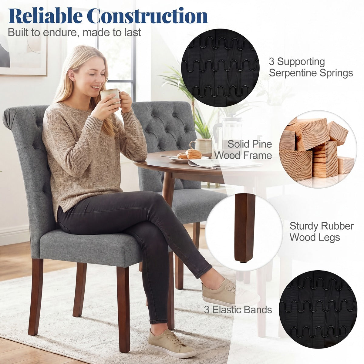 Costway Set van 2 Eetkamerstoelen Gestoffeerde Keukenstoelen met Hoge Rugleuning en Stevige Houten Poten Gewatteerde Accentstoelen-Grijs