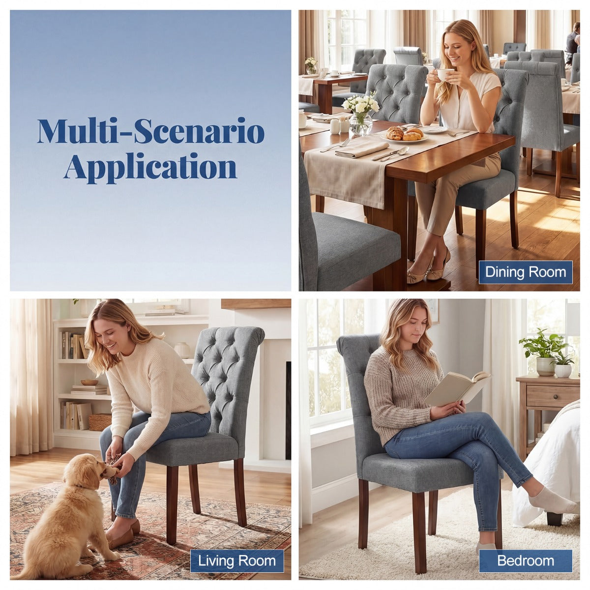 Costway Set van 2 Eetkamerstoelen Gestoffeerde Keukenstoelen met Hoge Rugleuning en Stevige Houten Poten Gewatteerde Accentstoelen-Grijs