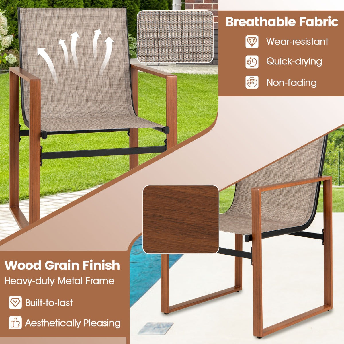 Costway Set van 2 Eetstoelen voor Buiten Terrasstoel Ademende Zitting en Rugleuning Metalen Frame Stoffen Stoel voor Tuin-Bruin