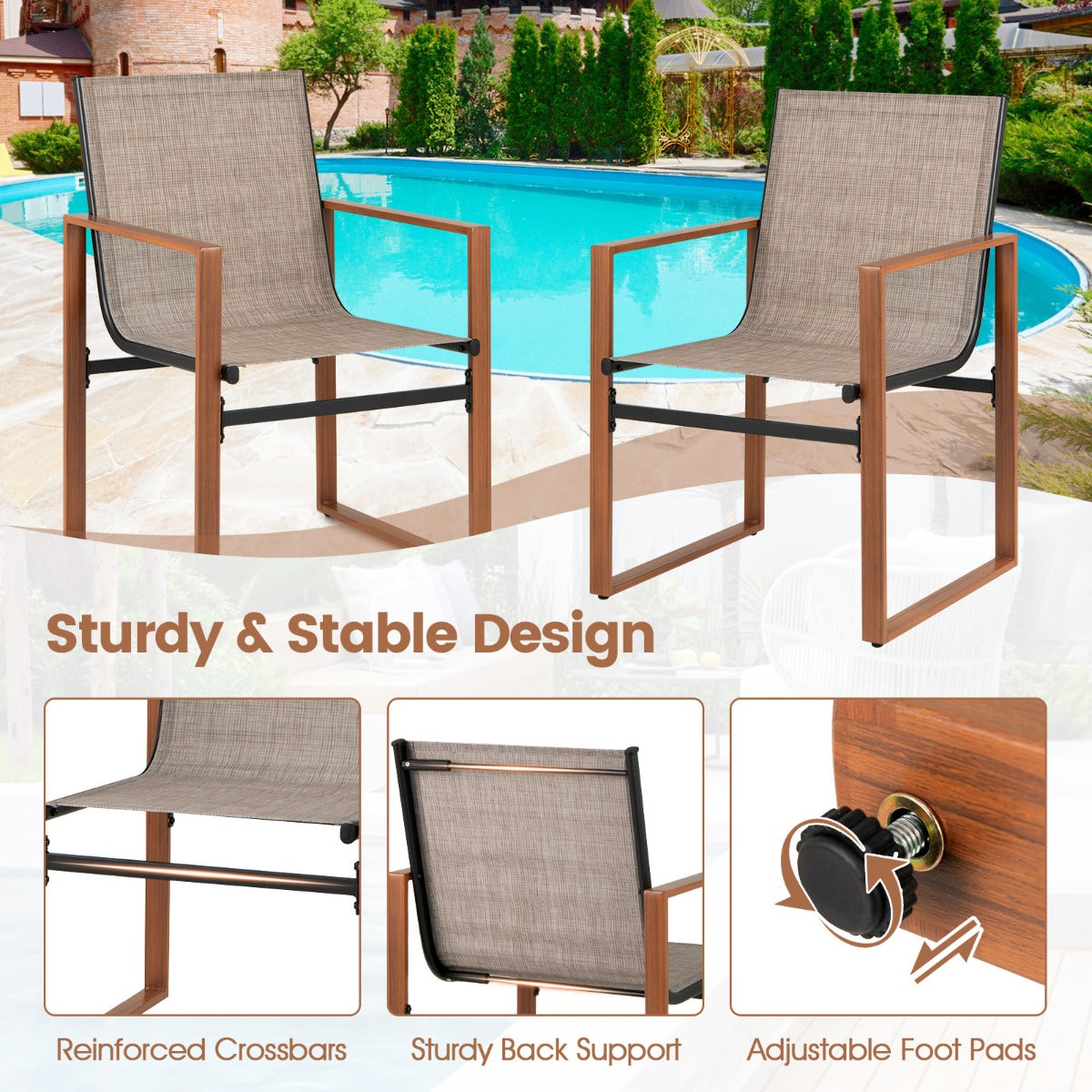 Costway Set van 2 Eetstoelen voor Buiten Terrasstoel Ademende Zitting en Rugleuning Metalen Frame Stoffen Stoel voor Tuin-Bruin
