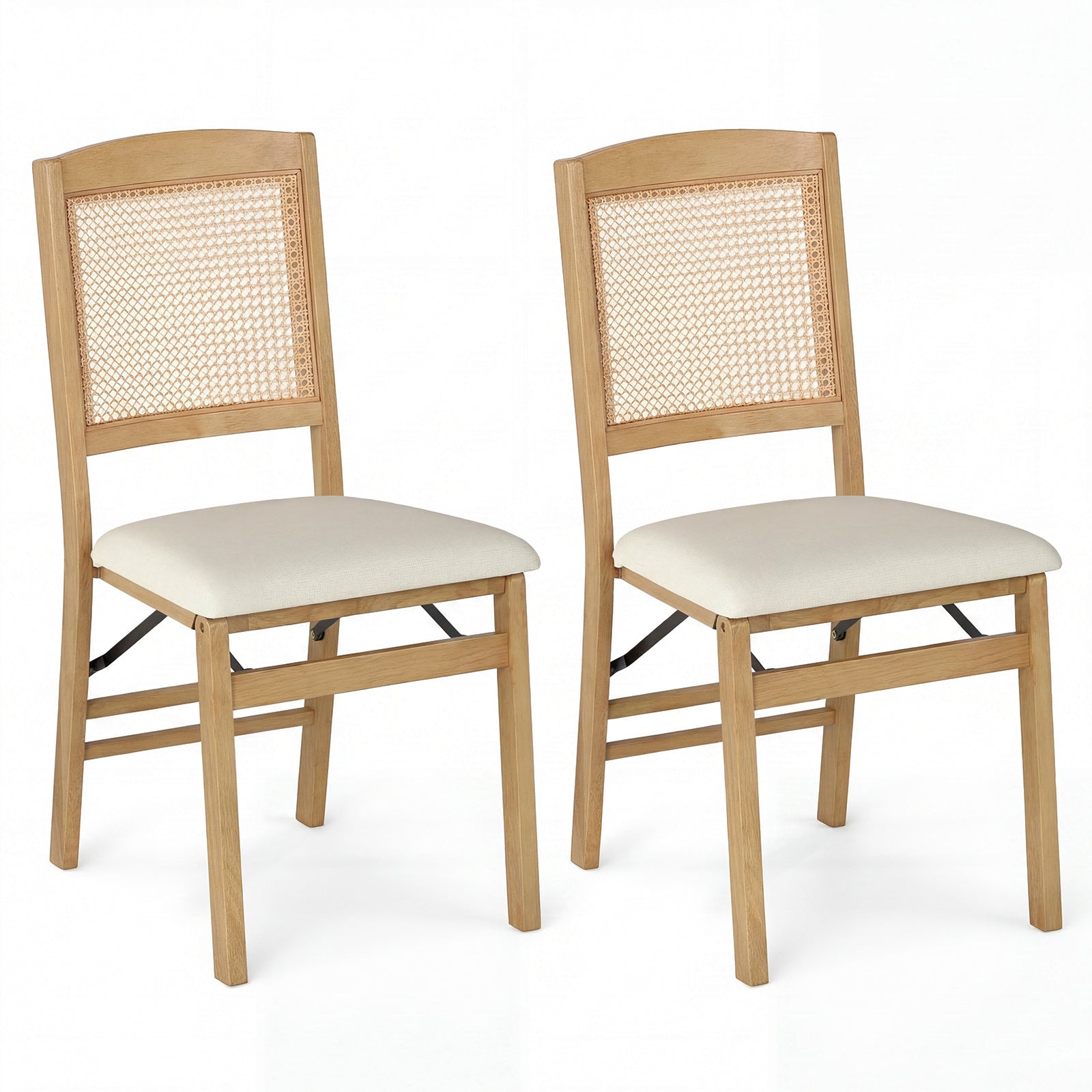 Costway Set van 2 Opvouwbare Eetkamerstoelen Houten Keukenstoelen met PE-rotan Rugleuning en Gestoffeerde Linnen Zitting