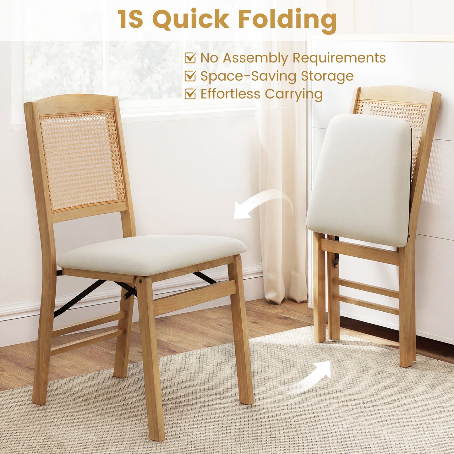 Costway Set van 2 Opvouwbare Eetkamerstoelen Houten Keukenstoelen met PE-rotan Rugleuning en Gestoffeerde Linnen Zitting