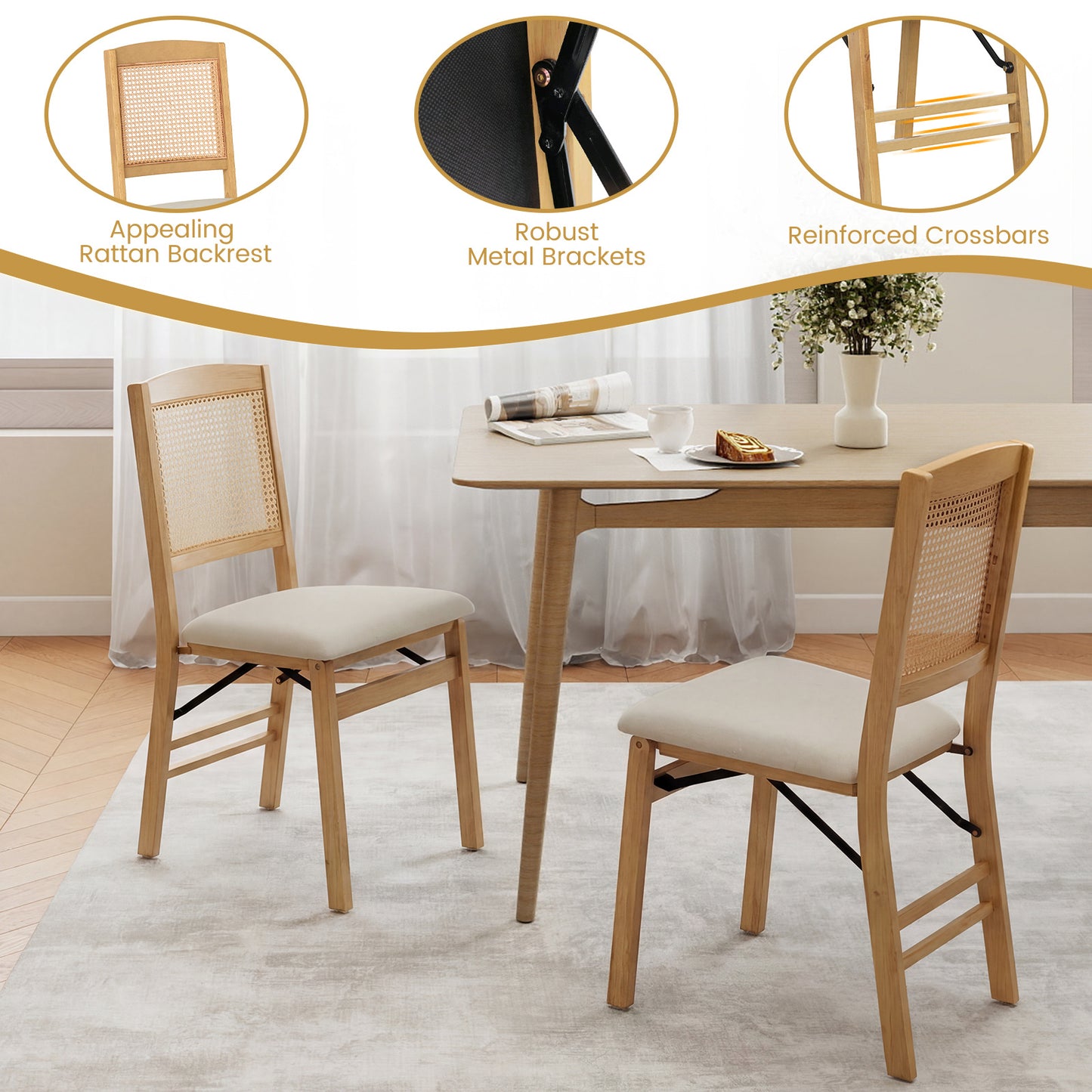 Costway Set van 2 Opvouwbare Eetkamerstoelen Houten Keukenstoelen met PE-rotan Rugleuning en Gestoffeerde Linnen Zitting