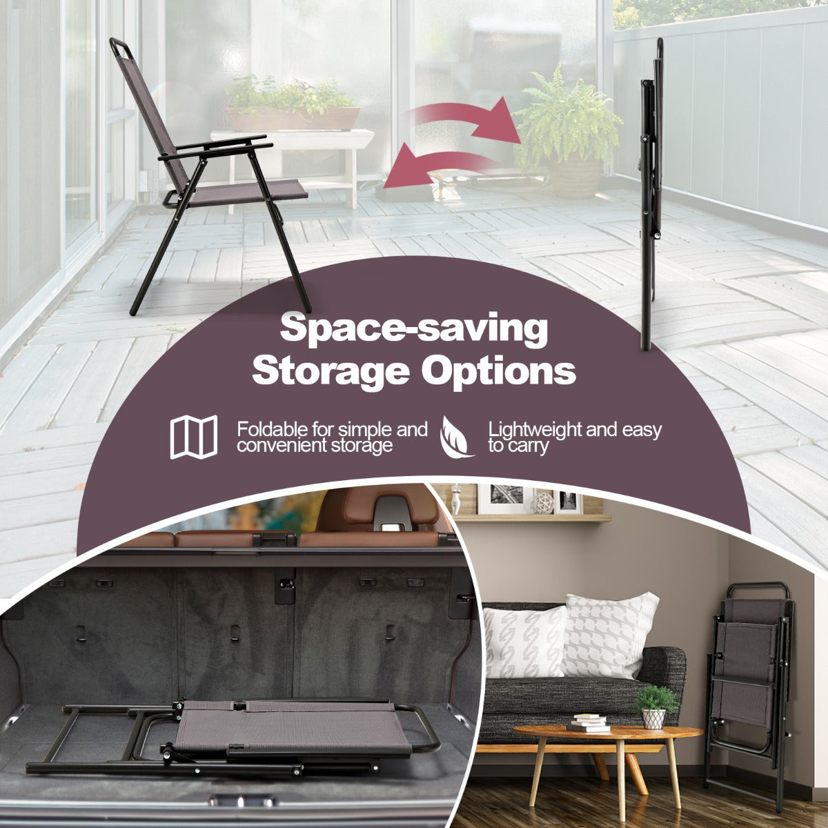 Costway Set van 2 Opvouwbare Stoelen voor Buiten met Armleuningen en Rugleuning Driehoekig Frame Terrasstoel Stoelenset voor Kamperen