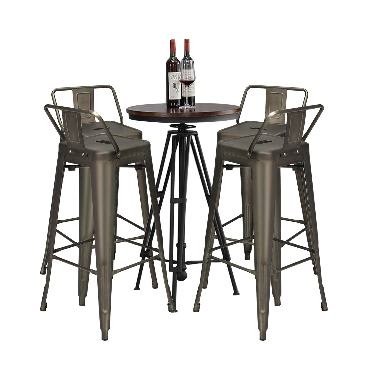 Costway Set van 4 Barkrukken Barstoelen met Voetensteun en Metalen Frame Barkruk met Rugleuning Zithoogte 76 cm (Bruin)