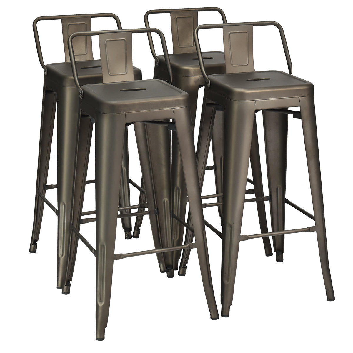 Costway Set van 4 Barkrukken Barstoelen met Voetensteun en Metalen Frame Barkruk met Rugleuning Zithoogte 76 cm (Bruin)