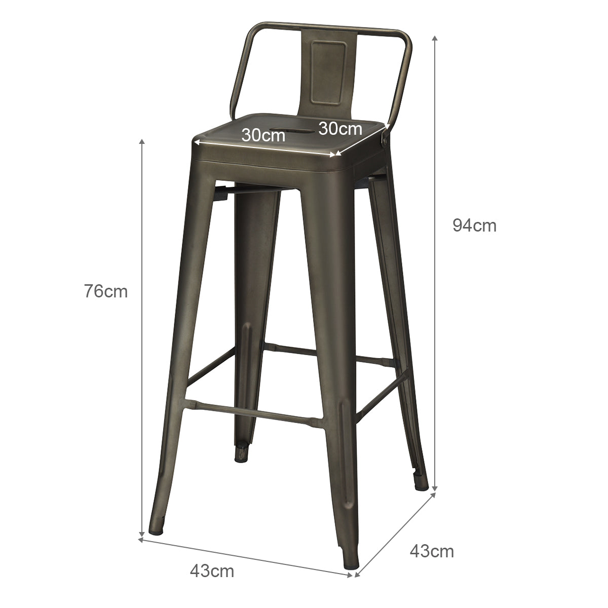 Costway Set van 4 Barkrukken Barstoelen met Voetensteun en Metalen Frame Barkruk met Rugleuning Zithoogte 76 cm (Bruin)