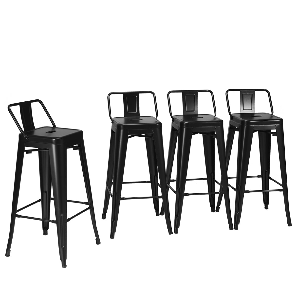 Costway Set van 4 Barkrukken Barstoelen met Voetensteun en Metalen Frame Barkruk met Rugleuning Zithoogte 76 cm (Zwart)