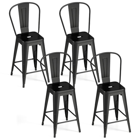 Costway Set van 4 Industriële Barkrukken 62 cm Metalen Barkruk met Afneembare Gebogen Rugleuning