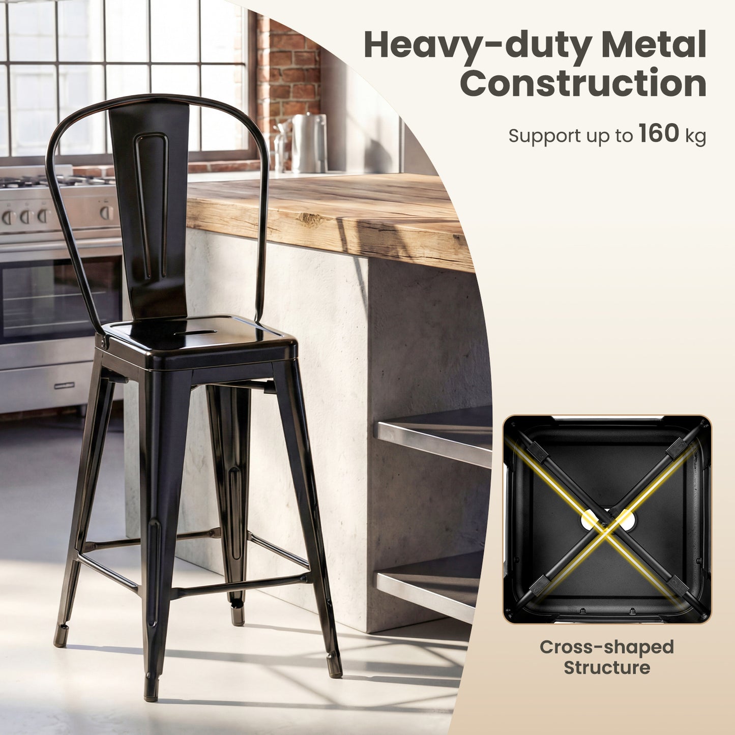 Costway Set van 4 Industriële Barkrukken 62 cm Metalen Barkruk met Afneembare Gebogen Rugleuning