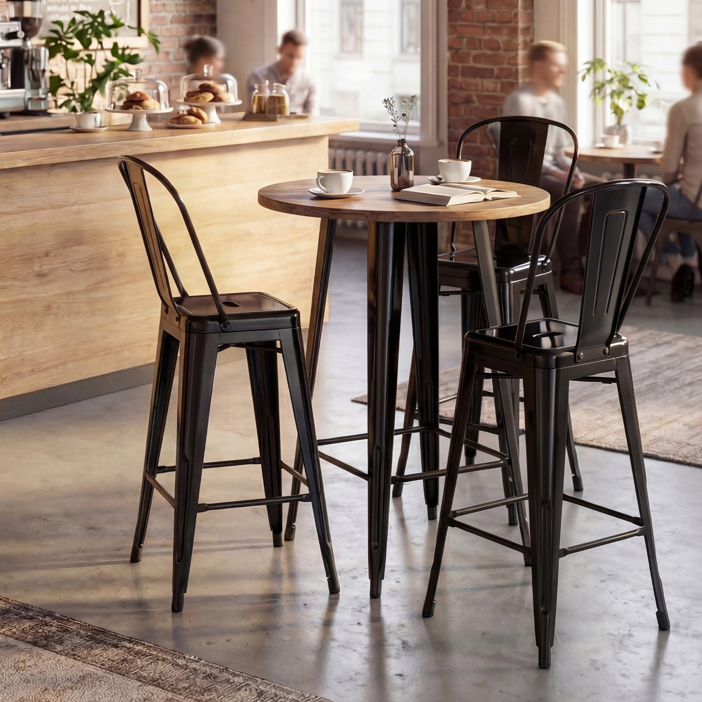Costway Set van 4 Industriële Barkrukken 62 cm Metalen Barkruk met Afneembare Gebogen Rugleuning