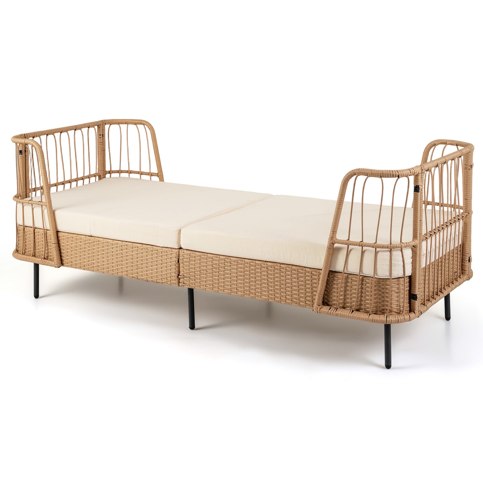 Costway Slaapbank Outdoor Rattan Sofabed met Armleuningen Stabiele Metalen Frame Dik Zitkussen