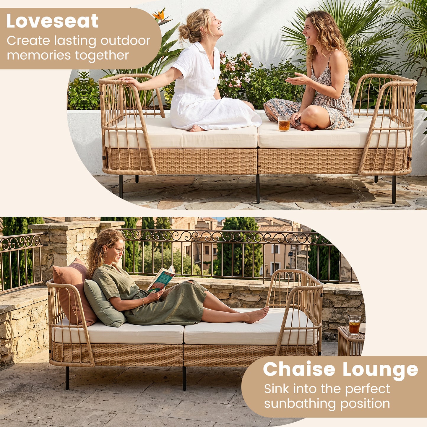 Costway Slaapbank Outdoor Rattan Sofabed met Armleuningen Stabiele Metalen Frame Dik Zitkussen