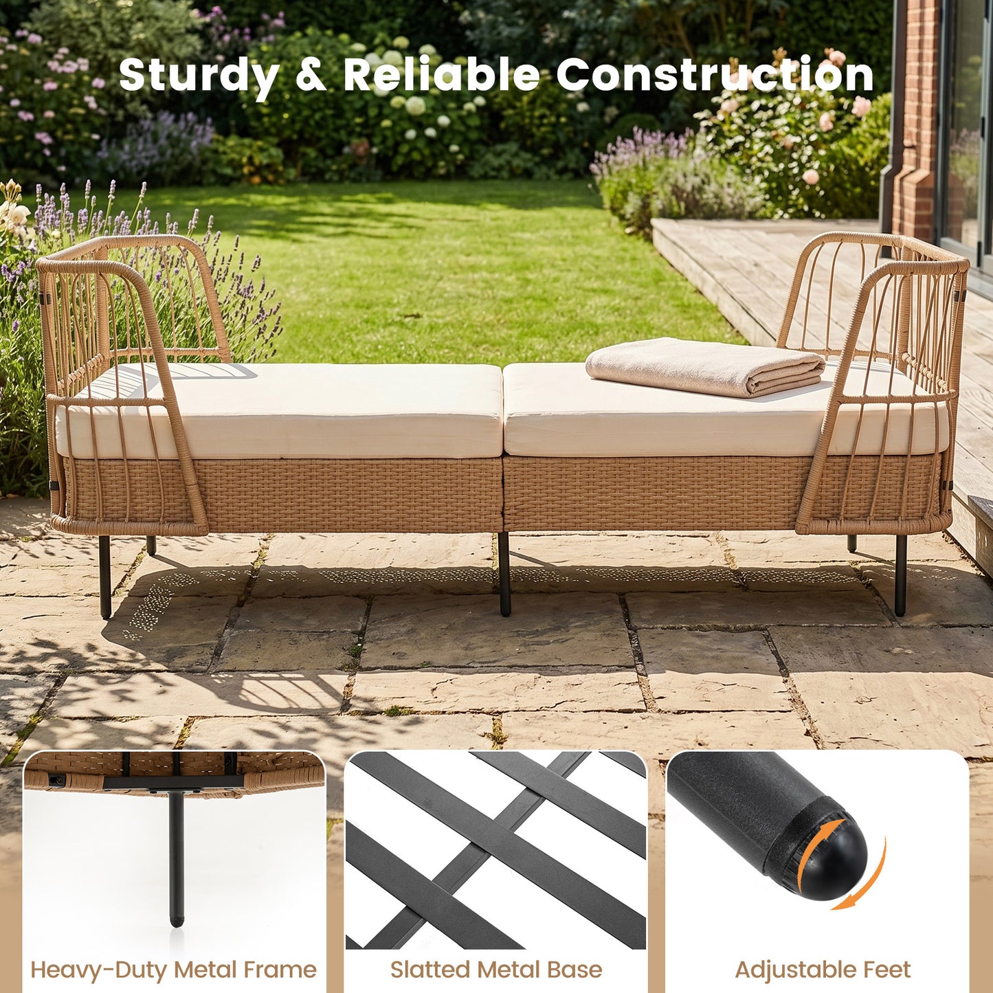 Costway Slaapbank Outdoor Rattan Sofabed met Armleuningen Stabiele Metalen Frame Dik Zitkussen