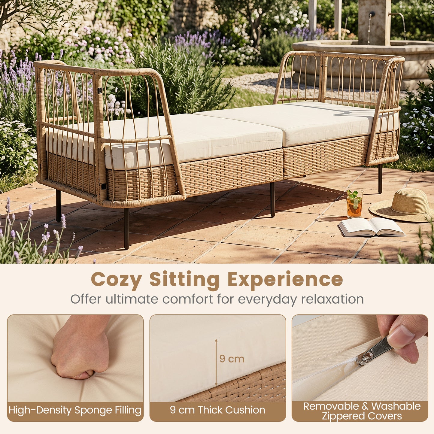 Costway Slaapbank Outdoor Rattan Sofabed met Armleuningen Stabiele Metalen Frame Dik Zitkussen