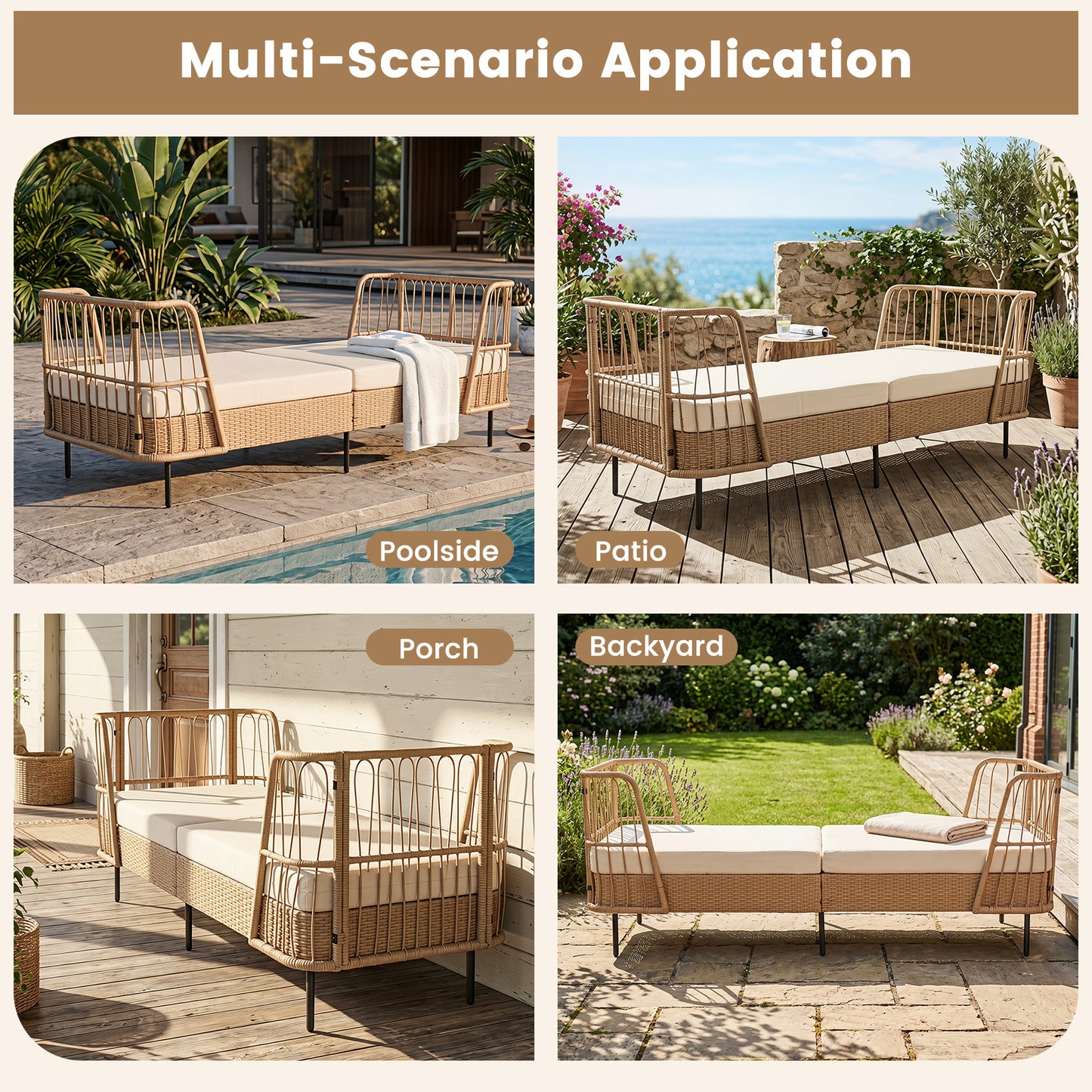 Costway Slaapbank Outdoor Rattan Sofabed met Armleuningen Stabiele Metalen Frame Dik Zitkussen