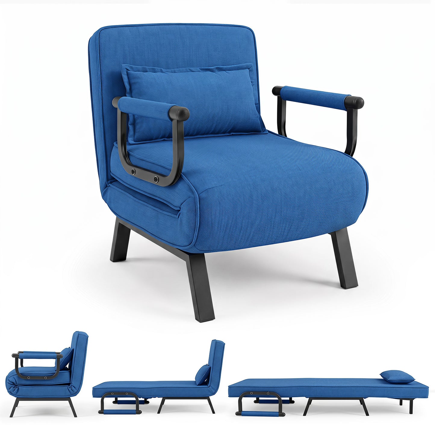 Costway Slaapfauteuil met Slaapfunctie Uitklapbare Slaapbank met 5-Voudig Verstelbare Rugleuning en Afneembaar Kussen Blauw