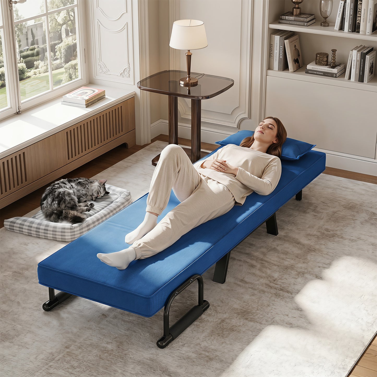 Costway Slaapfauteuil met Slaapfunctie Uitklapbare Slaapbank met 5-Voudig Verstelbare Rugleuning en Afneembaar Kussen Blauw